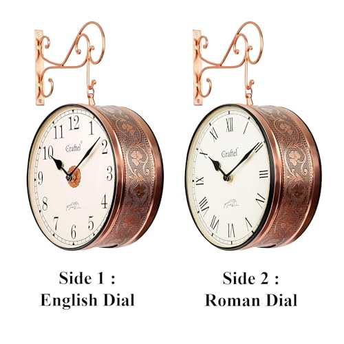 Image of CRAFTEL Double Sided Station Wall Clock Multi-Layer Electroplated | English Roman Numerals | Aluminum Dial Brass Body | Dial - 12 Inches, Rose Gold | 365 Days Warranty