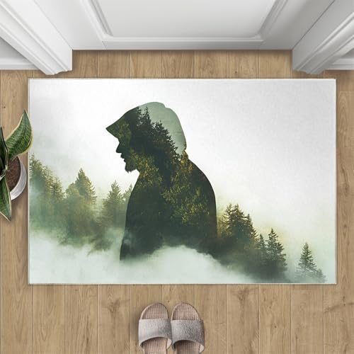 Misty Forest Area Rug Small - 2x3 Rug, Men Silhouette