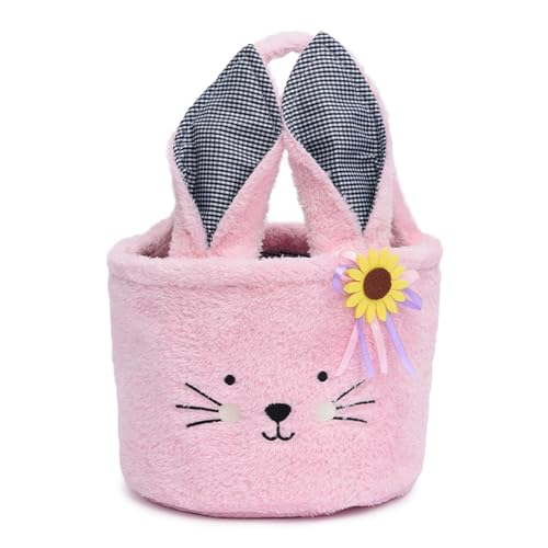 Sacs de Pâques avec Poignées, Panier de Lapin Paques Peluche, Decoration Paques Lapin, Panier de Lapin pour Chasse Oeufs, Sac Cadeaux Pâques, Sac à Oeuf Fourre Flanelle Bonbon Cadeau Deco Fête (Rose)