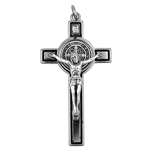 VILLAGE GIFT IMPORTERS 3" Saint Benedict Pectoral Cross Pendant | Silver or Gold with Black Lining | Comes with Informational Card | Christian Jewelry2