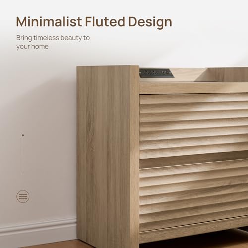 Image of SICOTAS Nightstands Set of 2 - Fluted Nightstand with Charging Station - 25 inch Tall Mid Century Modern Night Stands with 2 Drawers, Large Bedside Table for Bedroom, Sofa Side