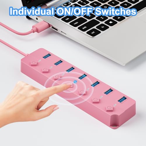Image of USB Hub 7 Port, USB Splitter with Individual On /Off Switches and Lights | USB 3.0 Hub with 3.3ft Cable, Extender for A Port Laptop, PC, Desktop-Pink