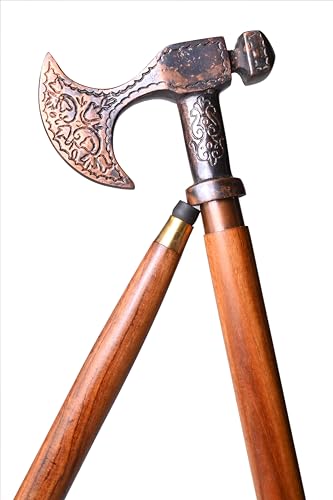 Fulcrum care Axe Antique Viking Walking Stick Canes for Men Red Wood Two Fold Unique Design Handle Best for Costume Wooden Walking Stick Women