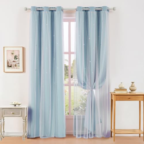 Image of indistar Star Cutout Kids Window Blackout Curtains for Girl Bedroom Window Room Darkening Curtains & Drapes Baby Nursery Curtains (2 Panel,35Wx84L inch,Sky Blue)