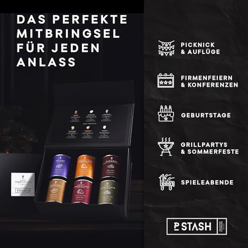 P-Stash Black Box Nussmischung Sweet Temptation - 6er Box Nüsse Mix - Pekannüsse, Haselnüsse, Mandeln & Cashews - Mixed Nuts mit einzigartigen Gewürzkombinationen, handgeröstet in Berlin