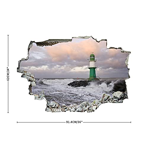 Godblessign Sea Waves Lighthouses Stones Clouds Wall Decal Landscape 3D Break Through Sticker Removable Pvc Funny Art Christmas Home Decor Vinyl Mural For Boy Kids Room Living Room, 36Inx24In #TOP2