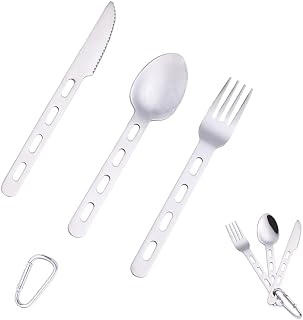 3 Pcs Camping Cutlery Set Portable Travel Utensils Set 430 Stainless Steel Flatware Knife Fork Spoon Set with Carabiner for Picnic Hiking School Home Use