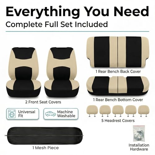 Image of FH Group Car Seat Covers Rear Set Cloth - Universal Fit Automotive Seat Covers, Low Back Front Seat Covers, Solid Back Seat Cover, Washable Car Seat Cover for SUV, Sedan and Van Beige