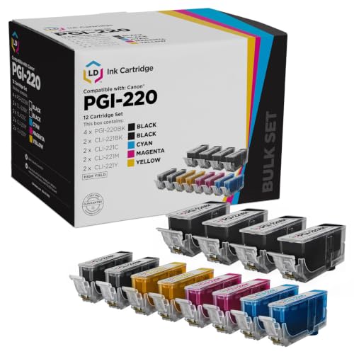 LD Products Remanufactured Cartridge Replacement Canon PGI-220 CLI-221 Set of 12 (4 Pigment Black 2 Black 2 Cyan 2 Magenta 2 Yellow) Compatible with iP3600 iP4600 iP4700 MP560 MP620 MP640 MX860 MX870
