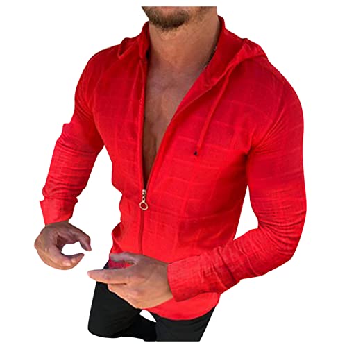 Mens Long Sleeve Hoodies One-Piece Hat Zipper Drawstring Solid Color T-Shirt Lightweight Hoodies for Men