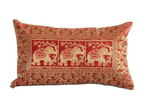 Image of Ravaiyaa - Attitude is everything Banarasi Brocade Silk Pillow Cover Elephant Design Cushion Pillow Sham Case Home Decorative Set of 2 Piece 12 inch X 20 inch Inch