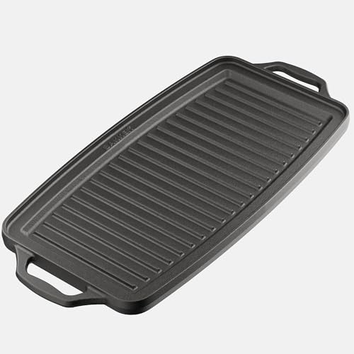 Image of Bakken 19” Reversible Cast Iron Griddle, Flat & Grill Side, Dual Burner Cooking Plate for Pancakes, Meats & Veggies, Pre-Seasoned, Nonstick, Oven & Campfire Safe, Heavy-Duty Griddle Top with Mitt