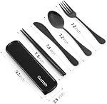Travel Utensils with Case, Quatish Portable Utensil Set for Work, Stainless Steel Reusable Travel Cutlery Set, Spoon and Fork Set for Camping, Picnic, Gadgets, Men Lunch Box, Camping Essentials, Black