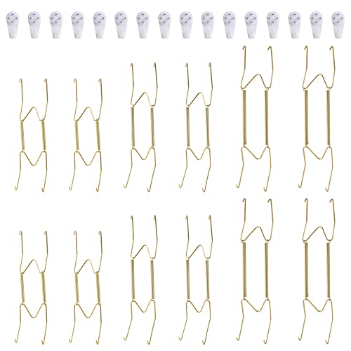 Image of 12 Piece Plate Hangers, 8 /10 /12 Inch Invisible Brass Wall Plate Hangers, Comes with 16 Piece Wall Hooks for Decorative Plates