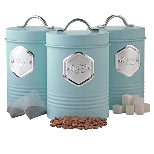 Cooks Professional 3 Piece Tea Coffee Sugar Cannister Set | Labelled Storage Tins | Containers with Airtight Lids | Canisters for Kitchen Accessories & Essentials | Blue & Silver