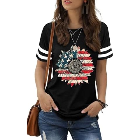 hcihgzr American Flag Sunflower Shirts for Women 4th of July T-Shirt USA Flag Shirts Patriotic Graphic Shirt Tops（S,8Black） Cover
