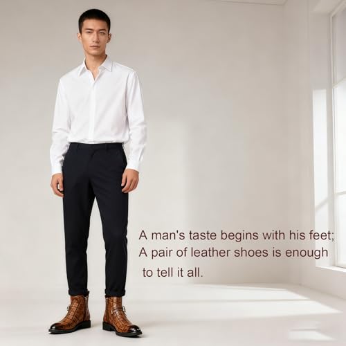 Image of Chelsea Boots for Men's Leather Print Monk Buckle Slip On Dress Boots with Side Zipper Fashion Pointed Toe Buckle Strap Classic Business Chukka Boots for Casual Work Party Oxford Booties