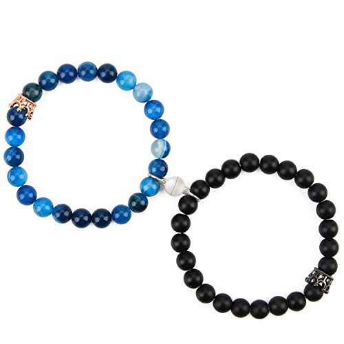 Magnetic Couple Bracelets King&Queen Crown Couple Bracelets His and Her Friendship 8mm Beads Bracelet (Lace Agate Blue&Matte Black Agate)