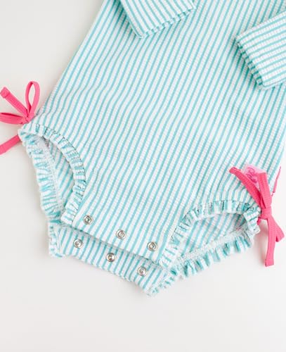 Image of RuffleButts Baby-Girls Seersucker Long Sleeve Rash Guard - One Piece Swimsuit UPF 50+ Toddler