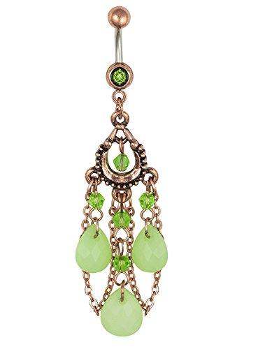 Pierced Owl Vintage Chandelier Dangle Belly Button Ring with Jade Colored Tear Drop Beads Chain 14G