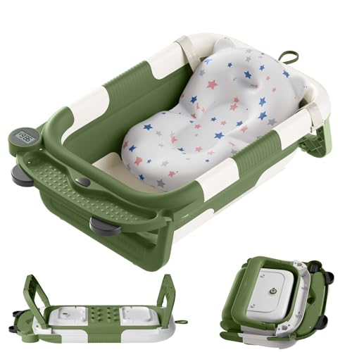 Image of Collapsible Baby Bathtub, Baby Bath Tub with Soft Thermometer & 1 Soft Floating Cushion, Baby Bathtub Newborn to Toddler 0-36 Months, Portable Travel Baby Bathtub Green