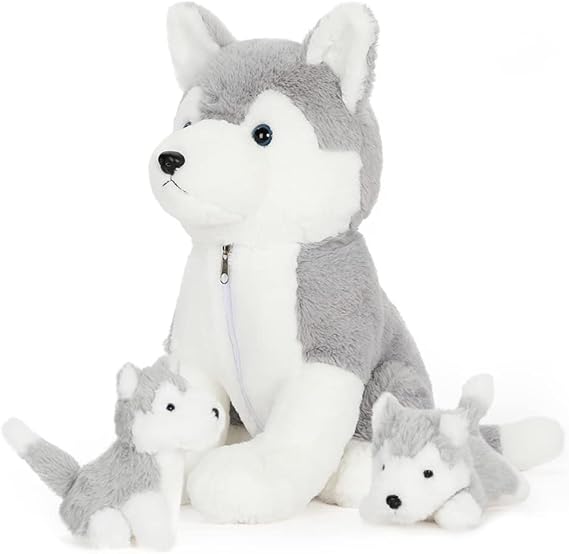 MorisMos 40 cm Dog with 2 Babies in Belly Husky Cuddly Toys Soft Plush Dog Stuffed Toy XXL Cuddly Dog Toy Stuffed Dog Birthday Gift for Children