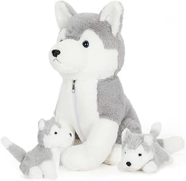 MorisMos 40 cm Dog with 2 Babies in Belly Husky Cuddly Toys Soft Plush Dog Stuffed Toy XXL Cuddly Dog Toy Stuffed Dog Birthday Gift for Children