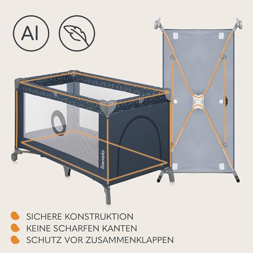 Lionelo Stefi Baby Kinderbett, Reisebett ab Geburt bis 15 kg, Seiteneingang, Sicherungssystem LockGuard, Blockade der Räder, Tragetasche, zusammenklappbar