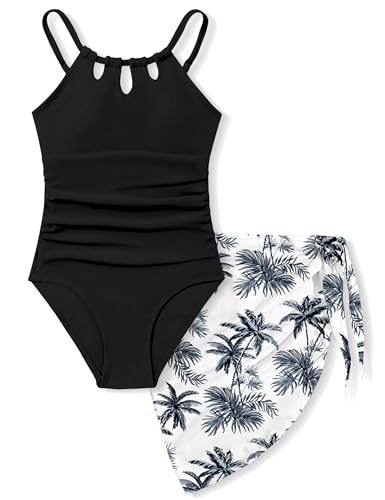 Image of KANGKANG Girls Swimsuit Quick Dry Cut Out One Piece Swimsuits with Tropical Print Cover Up Skirt Bathing Suit Swimwear 7-18Y