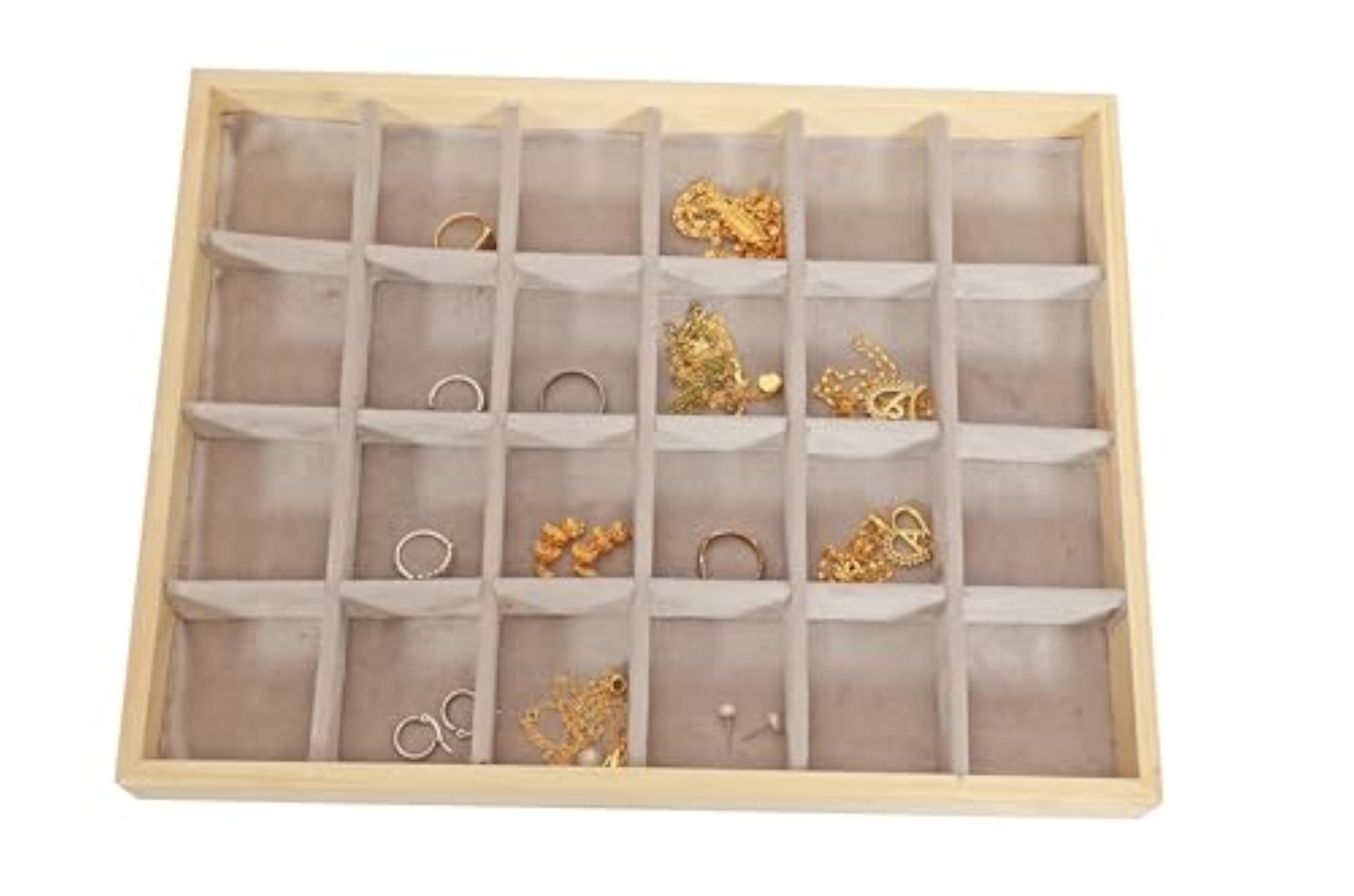 24 Grid Wood Jewelry Tray Microfiber Interior Jewelry Drawer Organizer