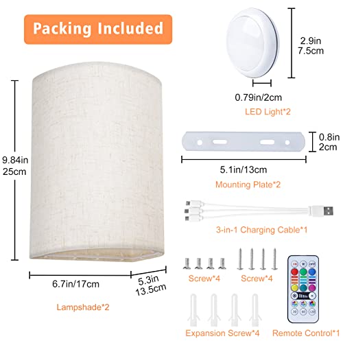 Pesuten Wall Sconce With Fabric Shade Remote Control Lighting Decor Set Of 2, 16 Rgb Colors Wireless, Dimmable Lamp Fixtures For Bedroom Living Room Hallway #TOP5