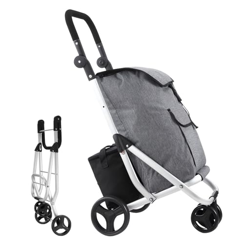 Foldable Shopping Trolley with Insulation Bag Utility Cart Aluminium Shopping Grocery Bag Waterproof Market Cart 45L Grey