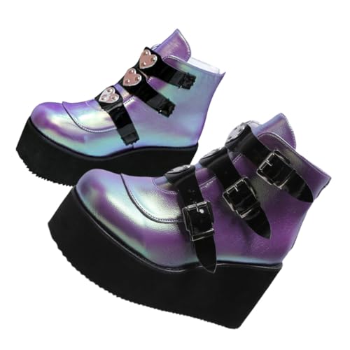 TEHAUX Botines Cortos de Mujer de Tacón Grueso Punta Redonda Diseño Vintage de PU Color Púrpura Talla 41 Calzado Casual para Todas las Estaciones y Uso Diario