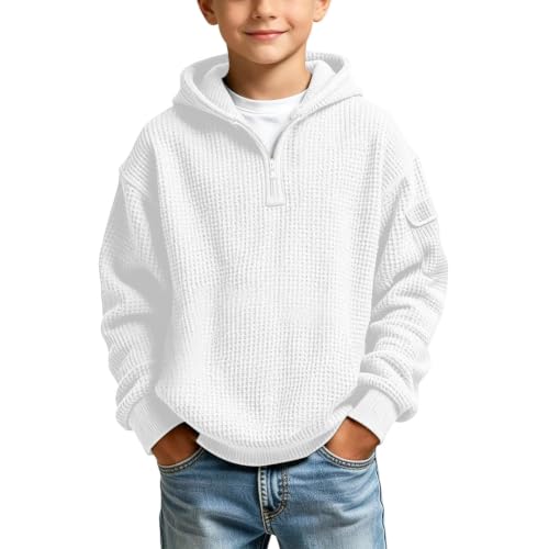 ZGTWHZY Teen Boy Clothes,Boys Waffle Knit Quarter Zip Sweatshirts Fall Fashion Long Sleeve Pullover Hoodies Sweater Tops Teen Boy Clothes,White,110=3-4 Years