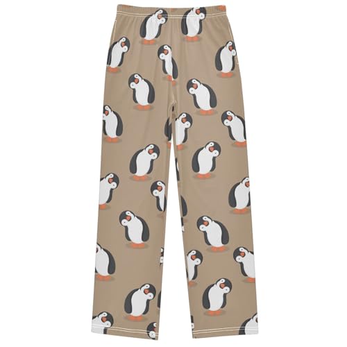 Boy's Pj Pants Happy Adorable Penguin Brown Lounge Bottoms Elastic Waist Kids Joggers with Pockets Size 6-14