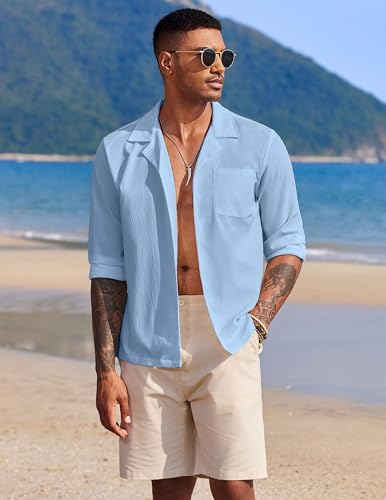 Image of DEELMO Mens Casual Button Down Shirt Summer Beach Shirts Long Sleeve Cuban Collared Tropical Textured Shirts