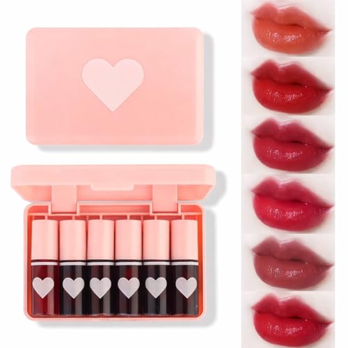 Image of 6 Colors Lip Tint Stain Set, Korean Velvet Watery Lip Stain Moisturizing Mini Liquid Lipstick, Multi-use Lip and Cheek Tint, Long lasting Non-Stick Cup Waterproof, Lip Color Makeup (Heart)