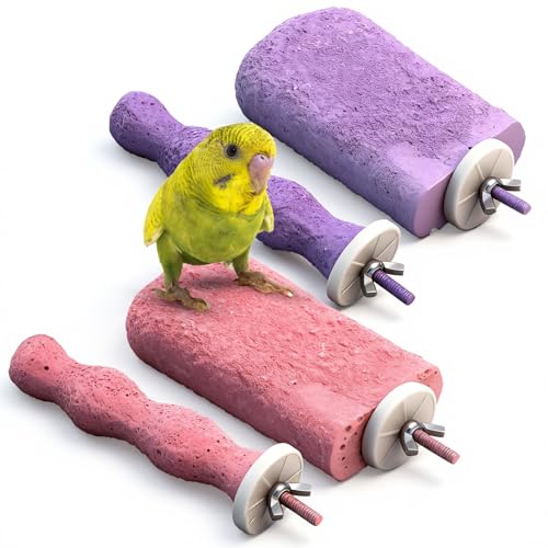 Image of Soulchen 4 Pcs Bird Beak Grinding Calcium Stone Perches Large 4.8 Inch Parrot Teeth Mouth Molar Cage Platform Paw Grinding Sticks Jumping Stand for Macaws Parakeets Finches Cockatiel(Purple,Pink)