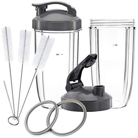 Replacement Parts for NutriBullet, 2 X 32oz Tall Cups, 2 Flip Top to Go Lids, 2 Gaskets & Cleaner Brush for NBullet 600W and 900W (7-Piece) Cover
