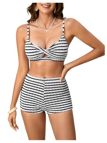 MakeMeChic Women's Striped Bikini Set Twist Front Tummy Control Bathing Suit with Boyshorts