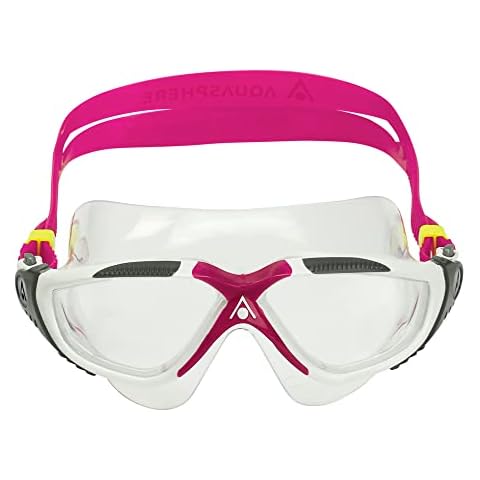 Aqua Sphere Vista Adult Unisex Swim Goggles - OneTouch Custom Fit, Wide Peripheral Vision - Durable Mask for Active Open Water Swimmers - Clear Lens, White/Raspberry Frame Cover