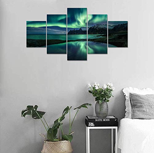 Aurora Borealis Wall Art Painting For Office Bedroom Scenery Landscape Canvas Print Framed Picture Northern Lights Poster Artwork Ready To Hang(60Wx32H) #TOP1