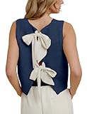 Lianlive Sweater Vest Top for Women Casual Crop Knit Cardigan Vest Bow Tie Back Knit Tank Tops (Navy-Small)