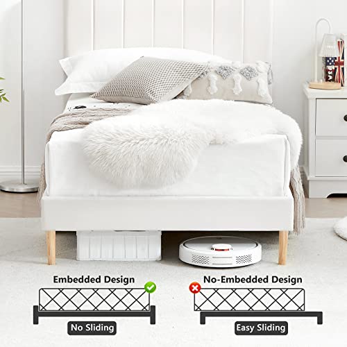 Flolinda Twin Bed Frame With Velvet Upholstered Headboard, Wooden Sprung Slat Support Extend Mattress Life, Modern Platform Bed Frame No Box Spring Needed, Easy Assembly, Cream White #TOP5