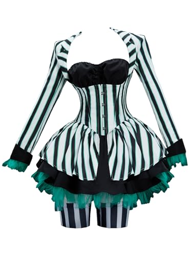 MEOWCOS Gothic Dress Set with Classic Stripes Tube Top Skirt Socks Halloween Costume