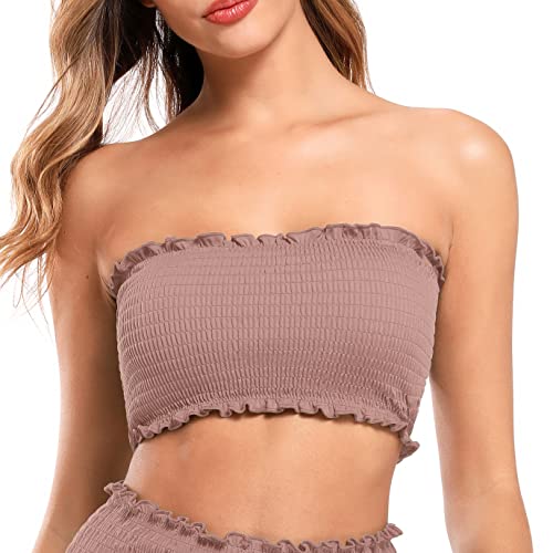 SHEKINI Bandeau Bikini Top Shirred Traje de baño para mujer con hombros descubiertos - rosa - Large