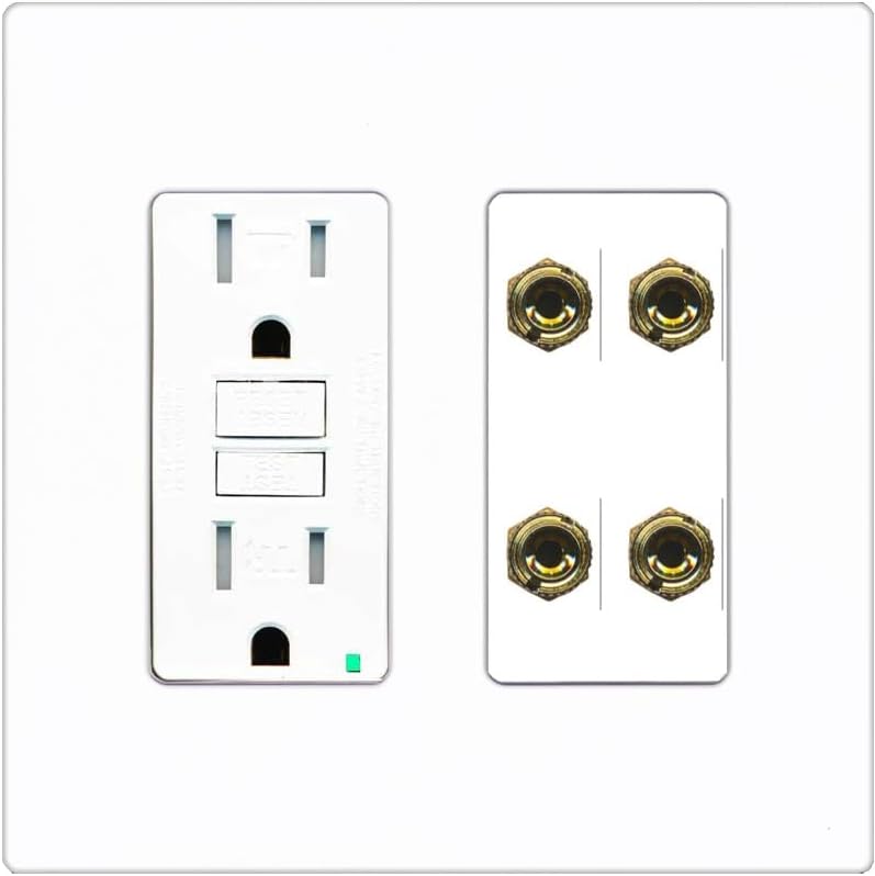 RiteAV 4 Banana 2 Speaker Surround Female Coupler Binding Post Wall Plate - GFCI Outlet [Screwless White]