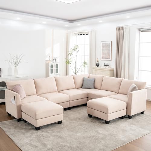 Image of ZX Design 122.8" Large Sectional Couches for Living Room, 6 Seater L Shaped Modular Sectional Sofa with Two Storage Ottomans & USB, Oversized Corner Couch for Living Room（Beige）