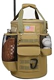 XINTREY Baseball Bucket Bag 6 Gallon Tactical Baseball Coaches Bag Softball Bucket Cover Organizer with Padded Seat for Balls, Bat, Gloves, Scoreboards (Brown)