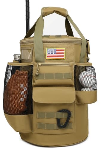 XINTREY Baseball Bucket Bag 6 Gallon Tactical Baseball Coaches Bag Softball Bucket Cover Organizer with Padded Seat for Balls, Bat, Gloves, Scoreboards (Brown)